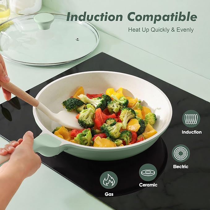 SENSARTE Nonstick Ceramic Frying Pan 9.5-Inch, Healthy Non Toxic Skillet, Induction Compatible Omelet Pan with Heat Resistant Handle, PFAS-Free, Mint Green