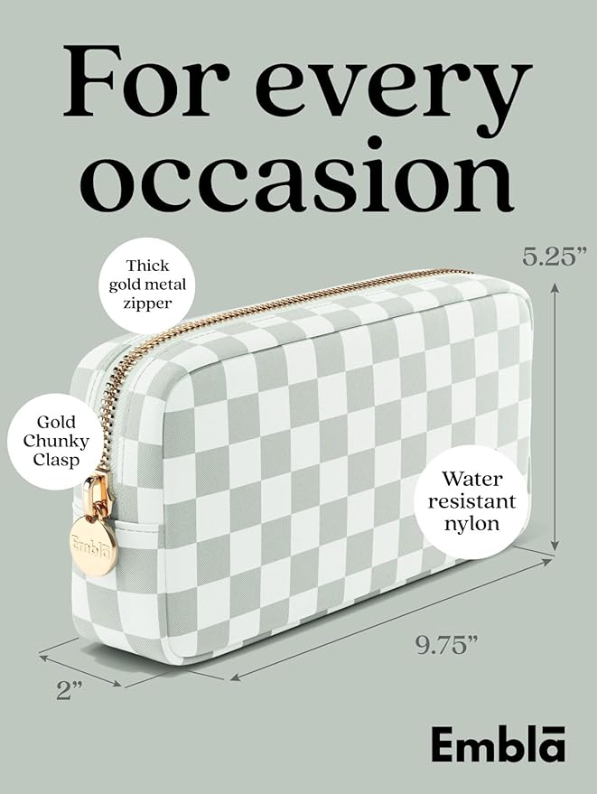 Embla Makeup Bag Travel Cosmetics Pouch and Toiletry Bag, Nylon Zipper Pouch Purse, Cute Make Up Organizer Storage Tote for Women Girls,Travel Skincare Case, Small Makeup Case, Mint Green Checkered