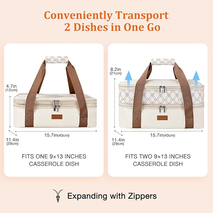 Vuudh Expandable Casserole Carrier Bag - Double Decker Food Bag, Insulated Casserole Carrier for Hot or Cold Food, Lasagna Holder Tote for Picnics, Beaches, Traveling or Gifts