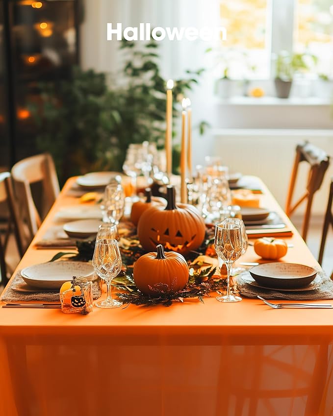 Pureegg Plastic Table Cloth Disposable 10 Pack, 54 x 108 Inch Table Cloths, St Patricks Day, Christmas Decorations, Tablecloths, Rectangle, Forest, Plastic Cover, Leakproof & Sturdy, Orange