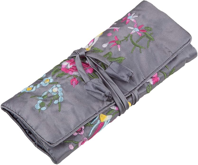 TUMBEELLUWA Embroidery Travel Jewelry Bag Roll Embroidered Flower and Bird Brocade Organizer with Tie Close