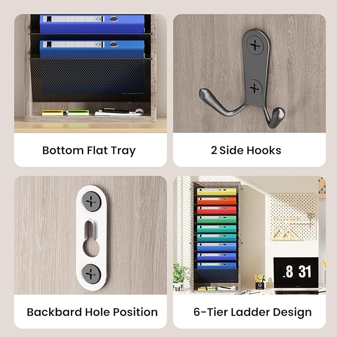 Creso hom Mail Organizer Wall Mounted, 11-Tier Hanging File Organizer with 4 Hooks, Wall File Holder for Papers, Folders, Documents, Bills, Magazines, Letters, Office&School Organization, Greige