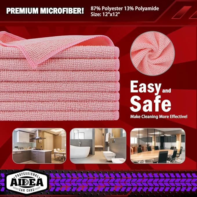 AIDEA 극세사 청소용 천 핑크 20팩, 자동차용 극세사 타월, 고급 자동차용 천, SUV, 가정, 주방, 창문, 작업장용 보푸라기 없는 먼지 제거용 걸레, 12×12인치