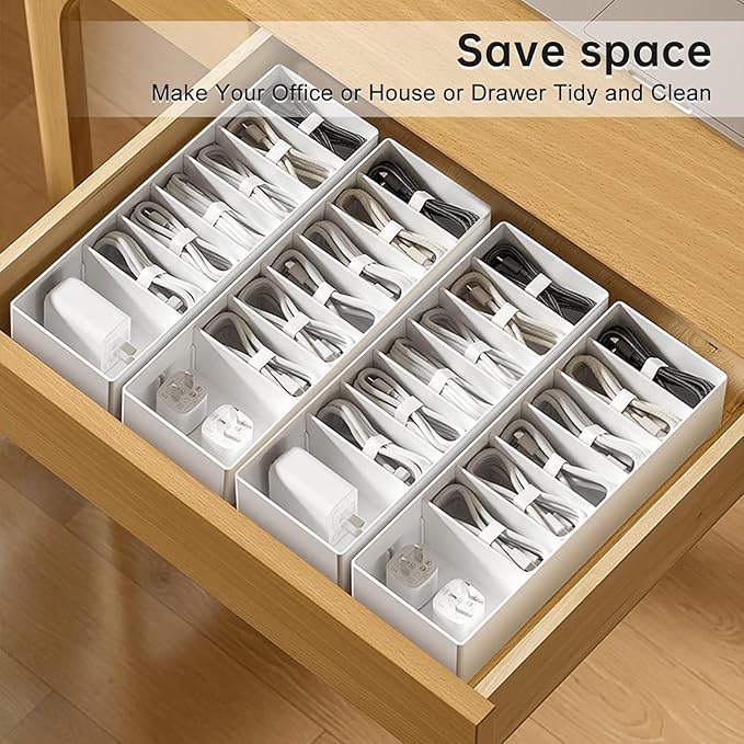 PAVSTINE White Plastic Cable Organizer Box with Adjustment Compartments, Stackable Desk Accessories Storage Case with 7 Wire Ties for Drawer Supplies, Stationery, Battery and Charger Cord Storage