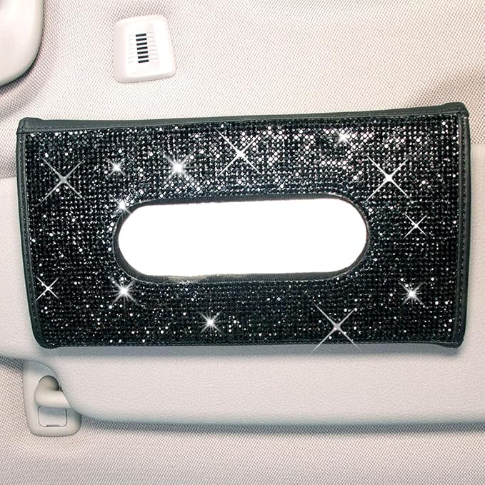 ChuLian Bling Bling Car Visor Tissue Holder Leather Crystals Paper Towel Cover Case & Glitter Sunglasses Clip for Women Black