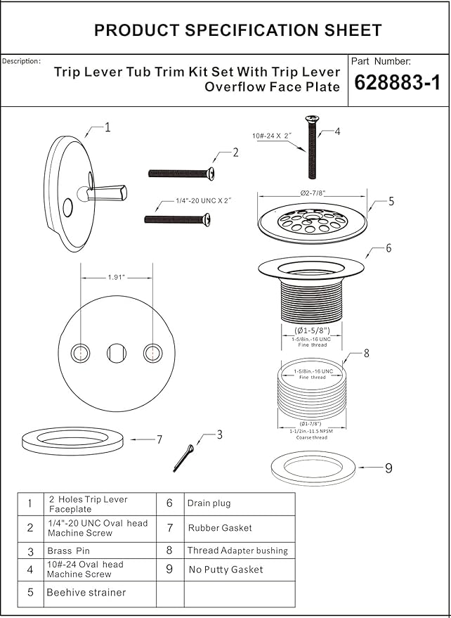 Champagne Bronze Trip Lever Tub Trim Kit Set with Trip Lever Overflow Face Plate, No putty Gasket, Trip Lever Bathtub Drain with Strainer, Overflow and Matching Screws, No putty installation Artiwell