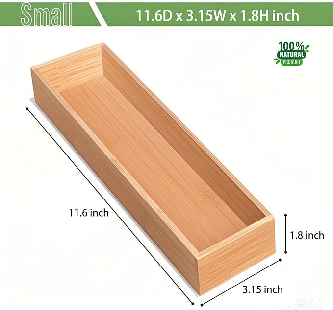 Bamboo Drawer Organizer, Utensil Organizer for Kitchen, Bamboo Storage Box Wood Silverware Tray for Drawer (Set of 4)