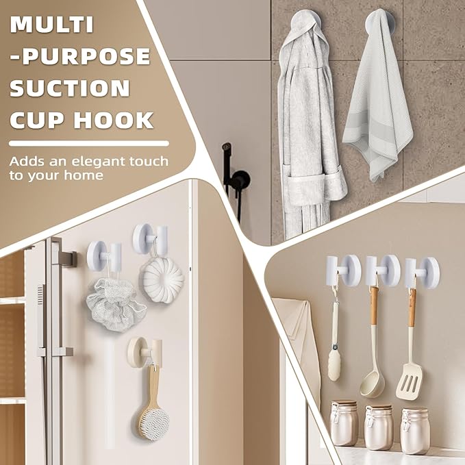 Suction Cup Hooks for Shower - Bathroom Reusable Hooks for Towels, Robes & Loofah - No-Drill Mounting on Kitchen,Walls,Metal,Glass,Mirrors,Tile & Smooth Non-Porous Surfaces (2, White)