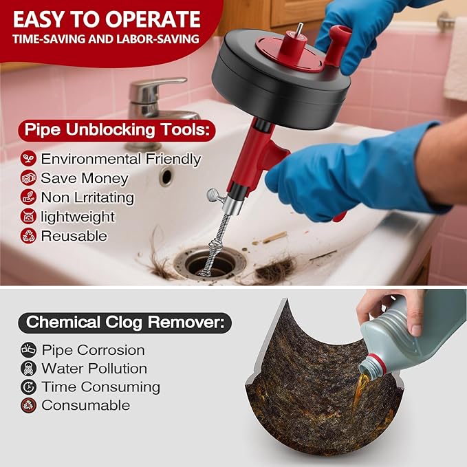 Drain Snake, Plumbing Snake With Drill Adapter, 35ft Heavy Duty Flexible Sink Steel Drain Auger Bathroom Hair Clog Removal Tool, Manual Or Powered - No auto retract or feed
