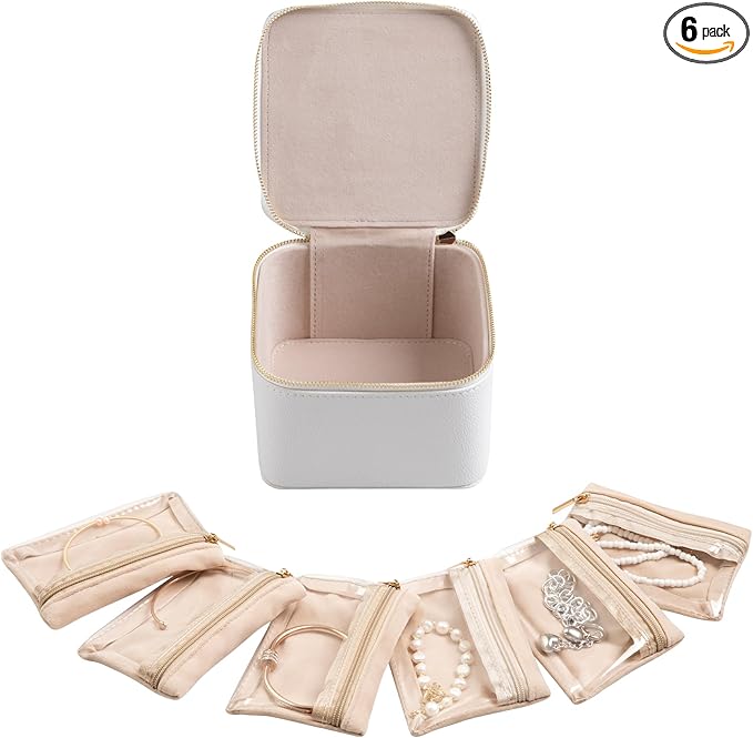 Frebeauty Small Travel Jewelry Box,Travel Jewelry Case with 6 Pouch Bags,Portable Travel Jewelry Organizer,Mini Jewelry Storage,3.35 x 4.9 x 4.8 Inches,Gift Idea for Women Girls (White)