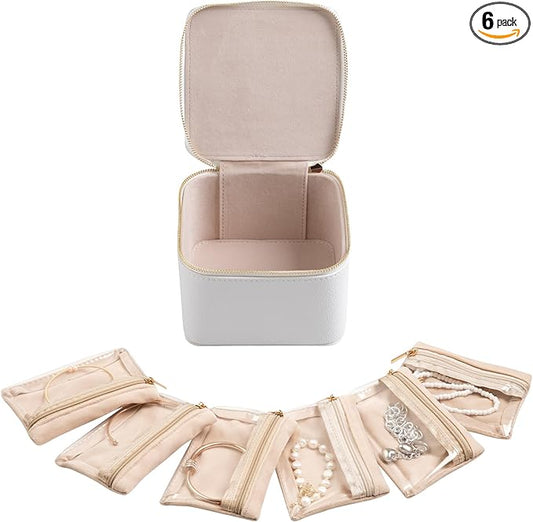 Frebeauty Small Travel Jewelry Box,Travel Jewelry Case with 6 Pouch Bags,Portable Travel Jewelry Organizer,Mini Jewelry Storage,3.35 x 4.9 x 4.8 Inches,Gift Idea for Women Girls (White)
