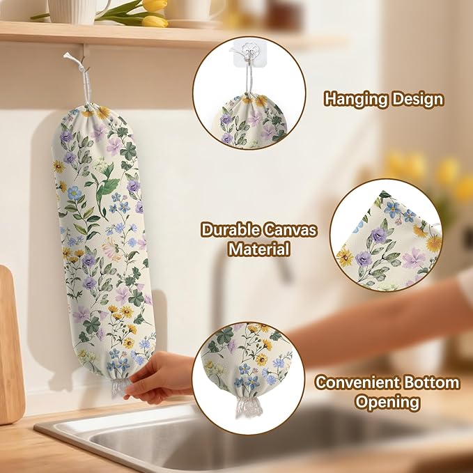 Floral Plastic Bag Holder Dispenser, Plastic Grocery Bag Organizer & Wall Mount Paper Trash Bags Saver Storage for Kitchen Home Pantry Decor, Shopping Bags Storage Dispenser