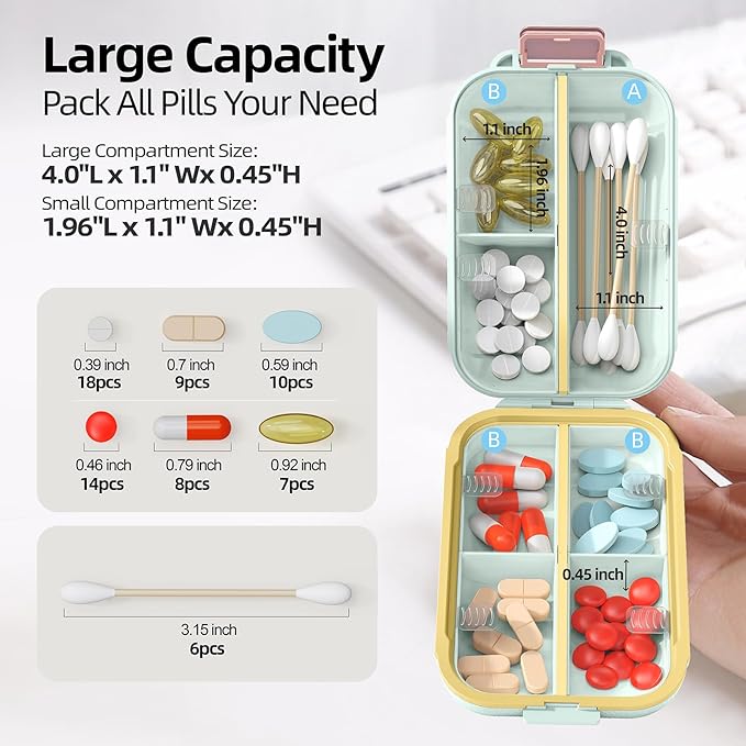 Portable Pill Organizer, Pill Box with 7 Compartments, Small Pill Case for Travel, Daily Medicine Pill Organizer with Air-Tight Lid, BPA-Free Material Pill Container (Green)