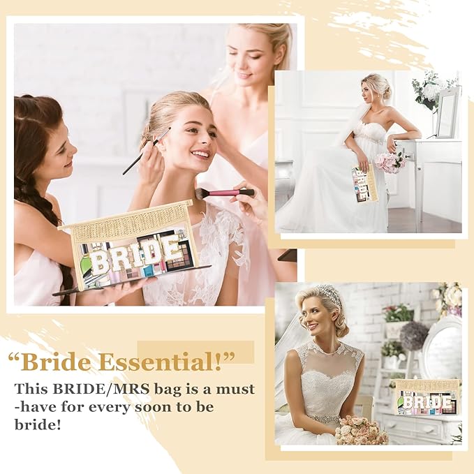 Boho Clear Makeup Letter Patch Makeup Bag BRIDE Pouch, Clear Toiletry Bag Travel Small Cute Chenille Letter Cosmetic Zipper Pouch Purse, Women Transparent Waterproof Glitter Wedding Make Up Bag(BRIDE)