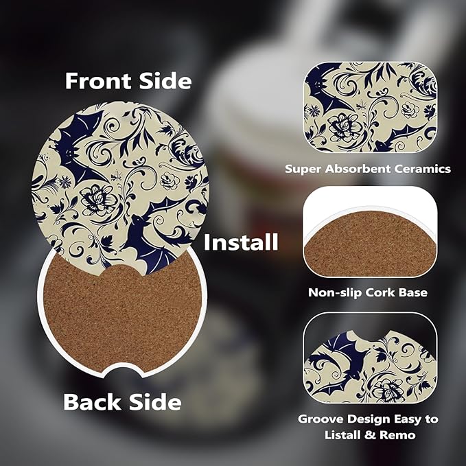 Car Cup Holder Coasters, 2 Pcs Ceramic Coasters with Cork Back and Finger Slot, Anti-Slip Shock Absorbing Women and Men Universal Car Accessories - Bat