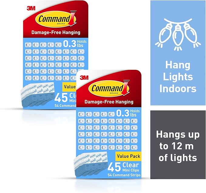 Command Indoor Mini Light Clips, Damage Free Hanging Christmas Lights, Mini Wall Clips for Hanging Indoor Christmas Decorations, Lights and Cables, 90 Count