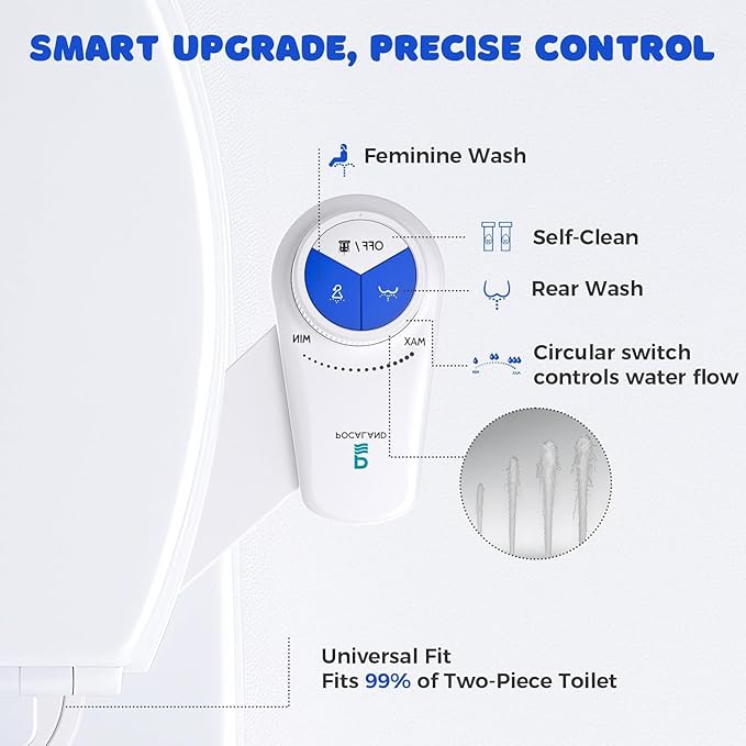 POCALAND Bidet Attachment for Toilet Seat, Non-Electric Cold Water Bidet with Pressure Controls, Dual Nozzles for Frontal & Rear Wash, Retractable Self-Cleaning for Female & Old- White