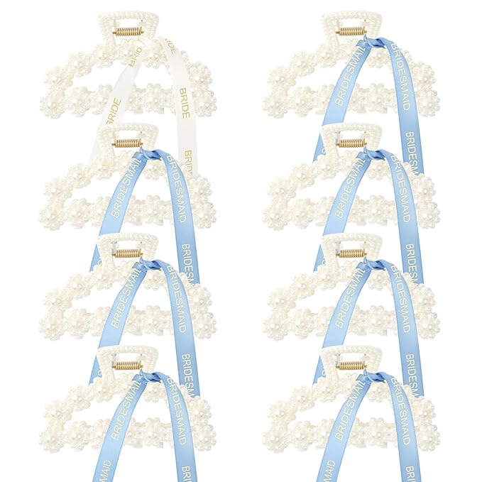 DEEKA Bridesmaid Proposal Gifts 8 Pack Pearl Bridesmaid Hair Claw Clips with Ribbon 3 Inch Hair Clips Bachelorette Party Favors Bridal Party Present Hair Accessories (Half Circle White&Blue)