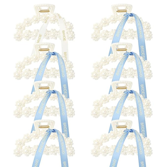 DEEKA Bridesmaid Proposal Gifts 8 Pack Pearl Bridesmaid Hair Claw Clips with Ribbon 3 Inch Hair Clips Bachelorette Party Favors Bridal Party Present Hair Accessories (Half Circle White&Blue)