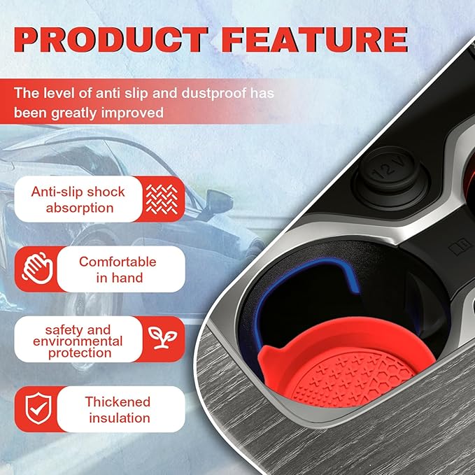 4PCS Car Cup Holder Coaster, Silicone Non-Slip Vehicle Insert Water Bottle Mat, Universal Insulation Drink Cup Pad Decor for SUV/Sedan/Truck, Automotive Interior Accessories (Red)