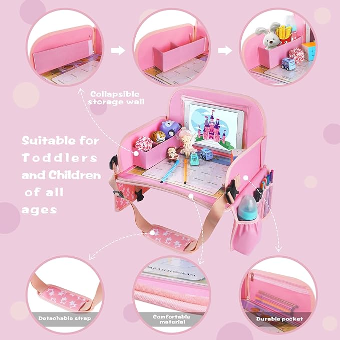 MENZOKE Kids Travel Tray for Toddler Car Seat, Road Trip Activities for Kids with iPad Holder Stand & Dry Erase Board, Road Trip Essentials Accessories Lap Tray as Travel Gifts for Kid, Pink