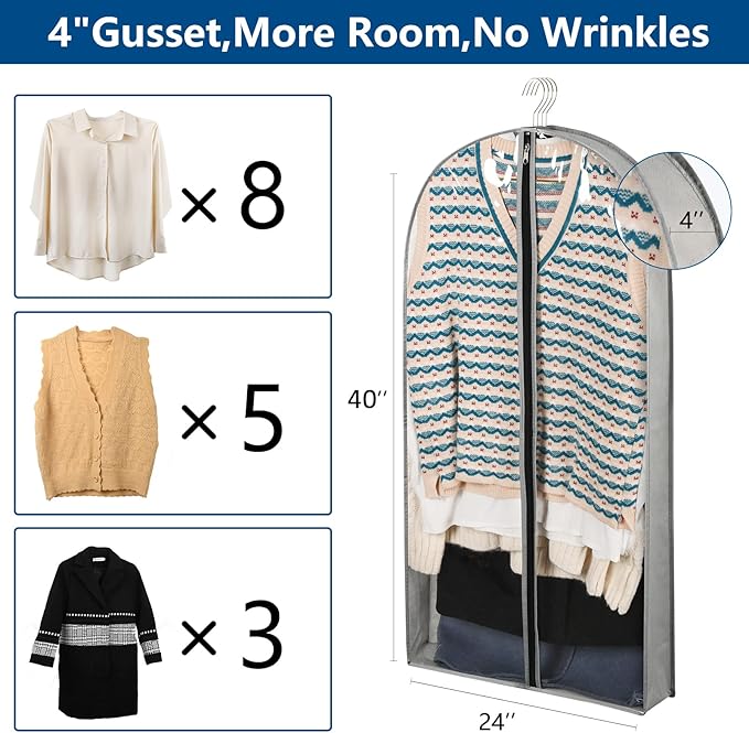 5 Pack 40" Garment Bags for Hanging Clothes Storage, Clear Suit Garment Bags with 4" Gussets for Closet Storage Travel, Plastic Protector for Coat, Jacket, Sweater, Shirts