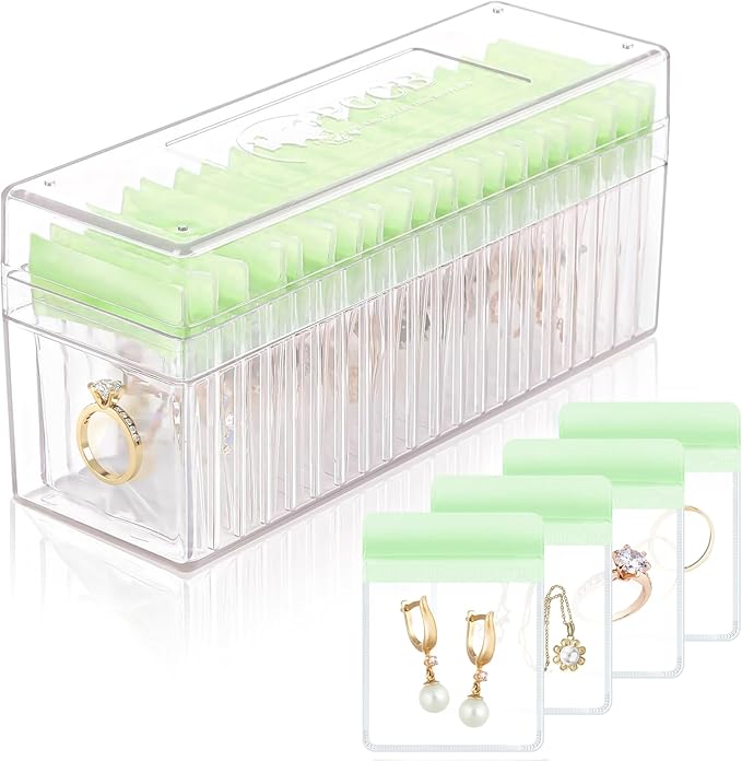 Acrylic Jewelry Box Organizer, Clear Jewelry Organizer Holder with 20 Portable Anti Tarnish Jewelry bags, Travel Jewelry Case for Earrings/Rings/Necklaces for Women Girls, Green