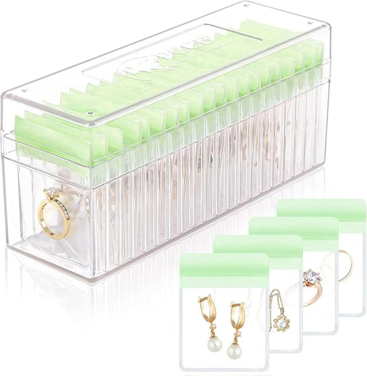 Acrylic Jewelry Box Organizer, Clear Jewelry Organizer Holder with 20 Portable Anti Tarnish Jewelry bags, Travel Jewelry Case for Earrings/Rings/Necklaces for Women Girls, Green