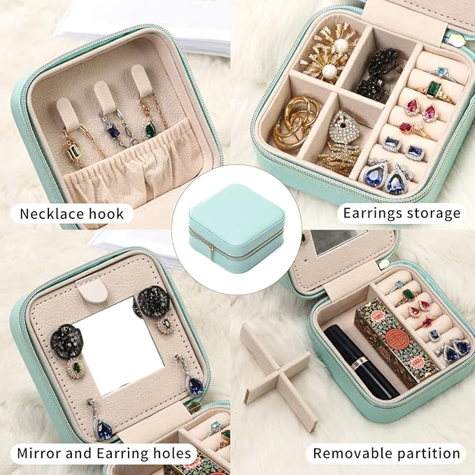 Jewelry Travel Case with Mirror,Small Travel Jewelry Organizer, Portable Jewelry Box Travel Mini Organizer Portable Display Storage Box For Rings Earrings Necklaces (Green)