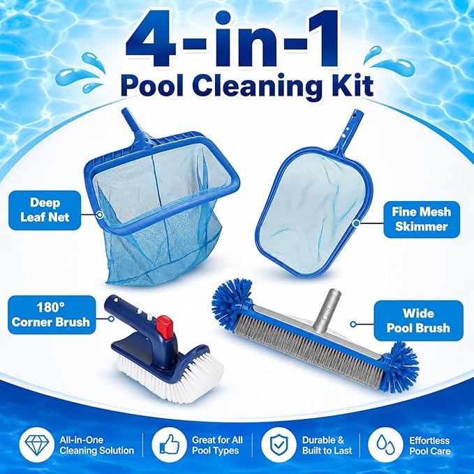 Pool Cleaning Kit Professional Heavy Duty Leaf Skimmer Net, Deep Bag Rake & Wall Scrubber Brush, 4-Piece Pool Cleaning Equipment Set for Above Ground & Inground Pools (Pole Not Included)