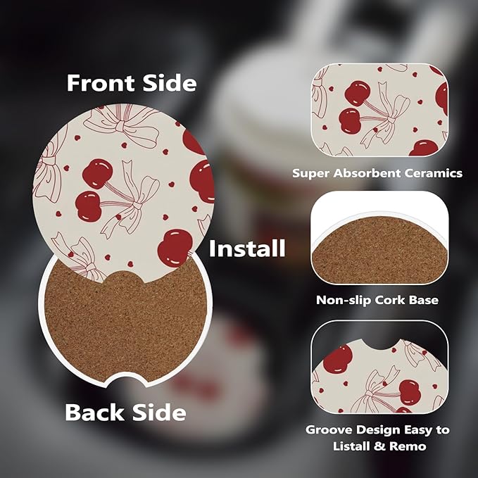 Car Cup Holder Coasters, 2 Pcs Ceramic Coasters with Cork Back and Finger Slot, Anti-Slip Shock Absorbing Women and Men Universal Car Accessories - Vintage Cherry