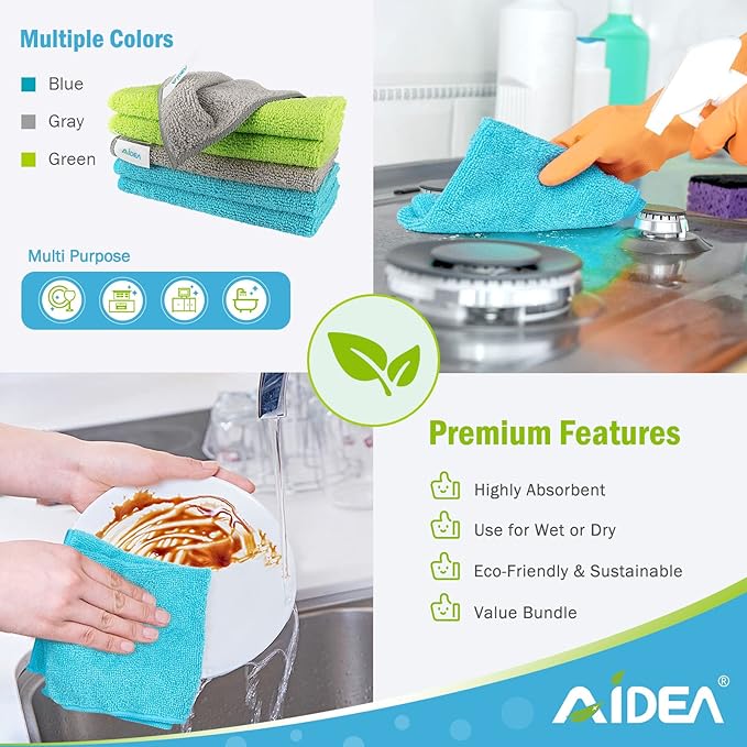 AIDEA Microfiber Cleaning Cloth-24PK, Soft Microfiber Towels for Cars, Absorbent Cleaning Rags, Lint-Free Streak-Free Wash Cloths for House, Kitchen, Window (12in.x12in)