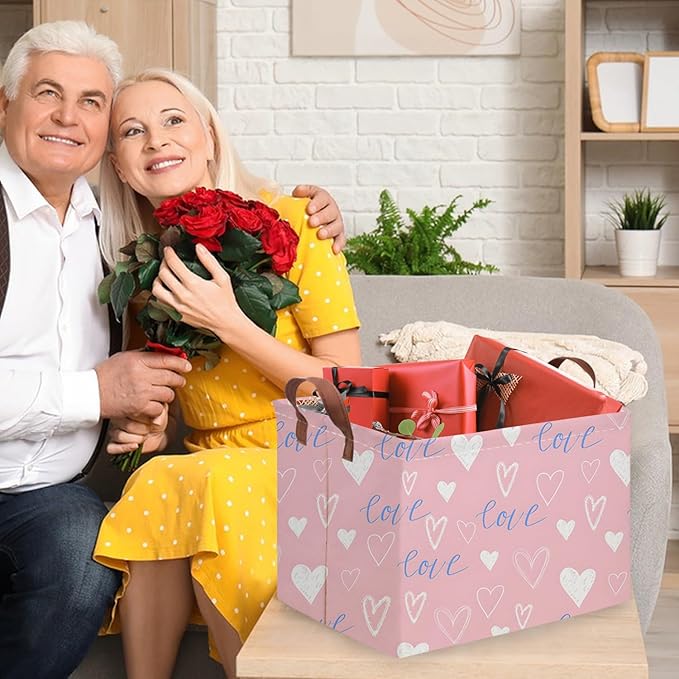 Rectangular Pink Valentine's Day Gift Basket,nursery basket,Pink girls gift baskets,kids toy storage Bin, Love Heart Room Decor for Home,Shelf Baskets(Blue pink heart)