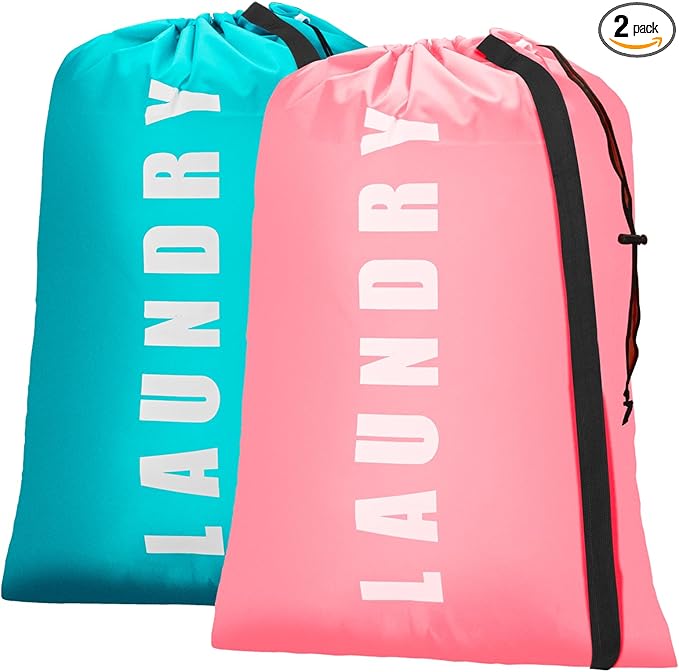 Isink Heavy Duty Laundry Bag with Strap, 2 Pack Travel Laundry Bags for Dirty Clothes, 24" x 36" Large Laundry Bag for Traveling, Camping, Dorm (Cyan + Pink)