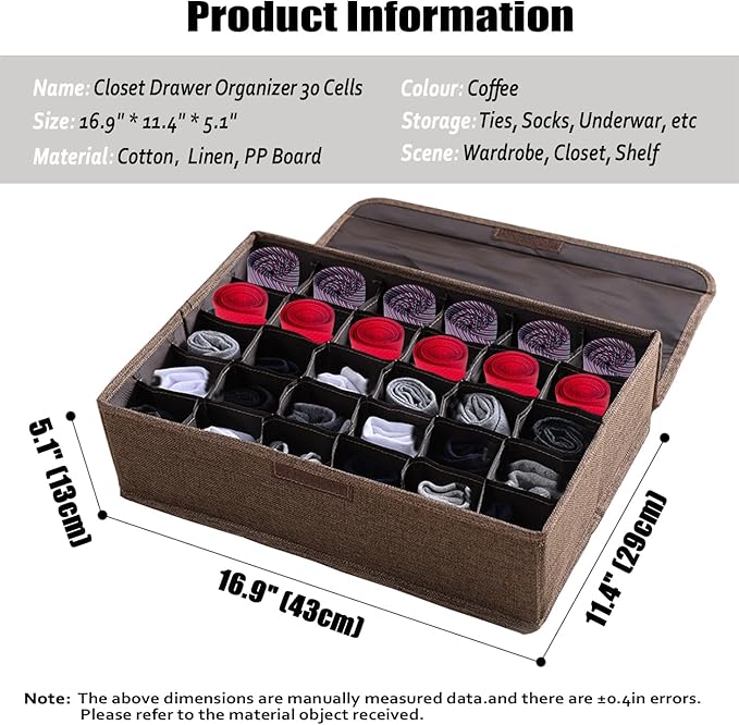 AARAINBOW 2 Packs Underwear Socks Ties Storage Organizer with Lids Foldable Closet Drawer Organizer 60 Cells, Fabric Wardrobe Divider Storage Boxes for Scarves and Lingerie (30 Cell, 2 Coffee)