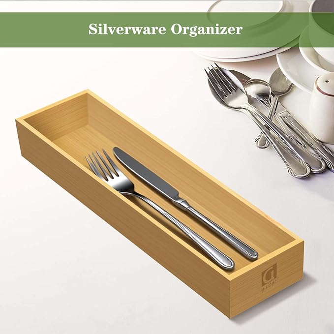 Bamboo Drawer Silverware Organizer, Flatware Organizers, Multi-purpose Bamboo Storage Box for Kitchen, Offices and Dressing table 11.5" x 3.15" x 1.8" (Set of 2)
