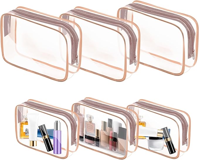 AURUZA 6 Pack Travel Toiletry Bag, Clear Makeup Bag, TSA Approved Cosmetic Bag with Zipper, Clear Organizer Carry on Bag for Women, PVC Cosmetic Pouch (Rose Pink, 6 Packs)