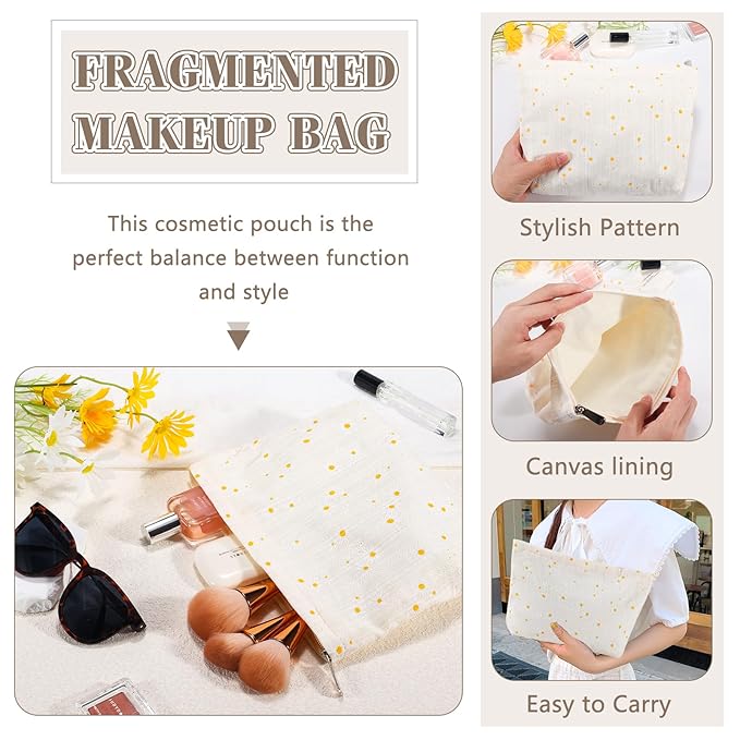 ZLFSRQ Daisy Flower Makeup Bag Travel Cute Floral Cosmetic Bags for Women Large White Toiletry Pouch Zipper Cosmetic Pouch for Purse Aesthetic Makeup Organizer Bag Portable Toiletry Bags