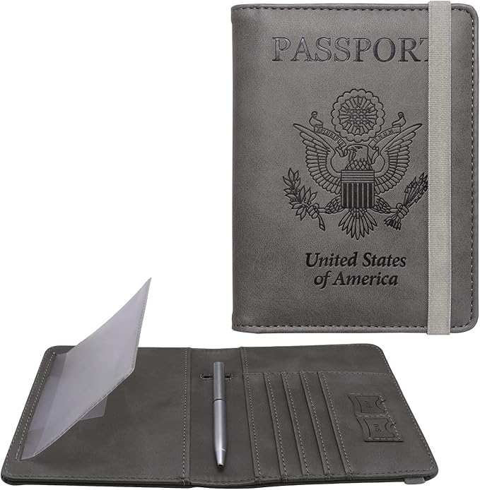 WALNEW Passport Holder for Travel, RFID Passport Cover Wallet for Women Men, PU Leather Passport Book Card Holder Case with Pen, Travelling Essentials for Flying