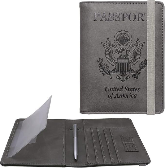 WALNEW Passport Holder for Travel, RFID Passport Cover Wallet for Women Men, PU Leather Passport Book Card Holder Case with Pen, Travelling Essentials for Flying