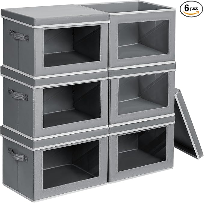 Clothes Organizers and Storage - 6 Pack Large Storage Box with Lids, Foldable Closet Organizer with Lids, Decorative Basket Bins for Home, Dorm, Closet, Grey