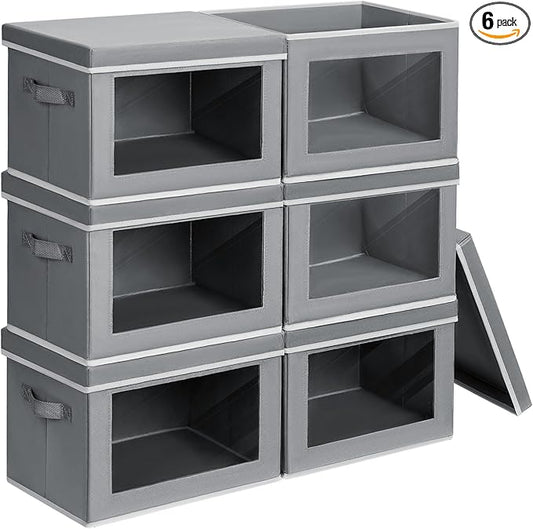 Clothes Organizers and Storage - 6 Pack Large Storage Box with Lids, Foldable Closet Organizer with Lids, Decorative Basket Bins for Home, Dorm, Closet, Grey