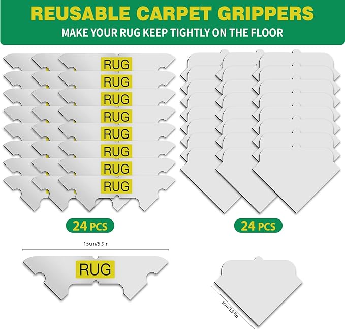 FLUOTINE 48 PCS Carpet Tape,Non Slip Carpet Pads for Area Rugs on Hardwood Floors,Laminate,Tile,LVP Floors,Reusable and Removable Rug Corner Pads with No Residue