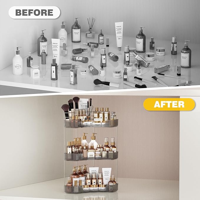 3-Tier Corner Bathroom Counter Organizer with Top Toothbrush Holders,Large Makeup Organizer Countertop with Brush Holder,Skincare Organizers Corner,Exquisite Vanity Organizer (Gray, 3 Tier)