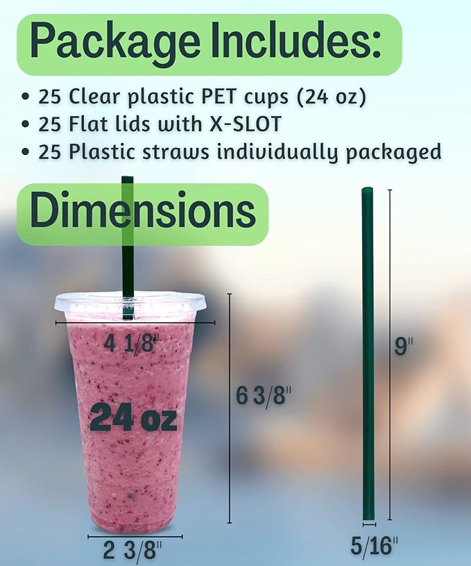 24 oz Clear Plastic Cups with Lids and STRAWS, Disposable Drinking Cups for Cold Drinks, Iced Coffee, Milkshakes, Smoothies, 25 Sets