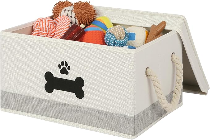 Dog Toy Basket with Lid, Dog Basket for Toys, Dogs Toy Box with Cotton Rope Handles, Collapsible Storage Bins for Pet Toys, Dogs Storage Organizer, Beige&Gray