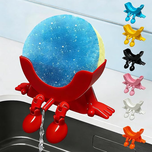 Cute Hanging Sponge Holder with Drainage, 3D Printed Kitchen Funny Sponge Stand for Sink, with Non-Slip Pads, Suitable for Scrub Daddy Holder, Keeps Your Sponge Dry and Smiling (Red)