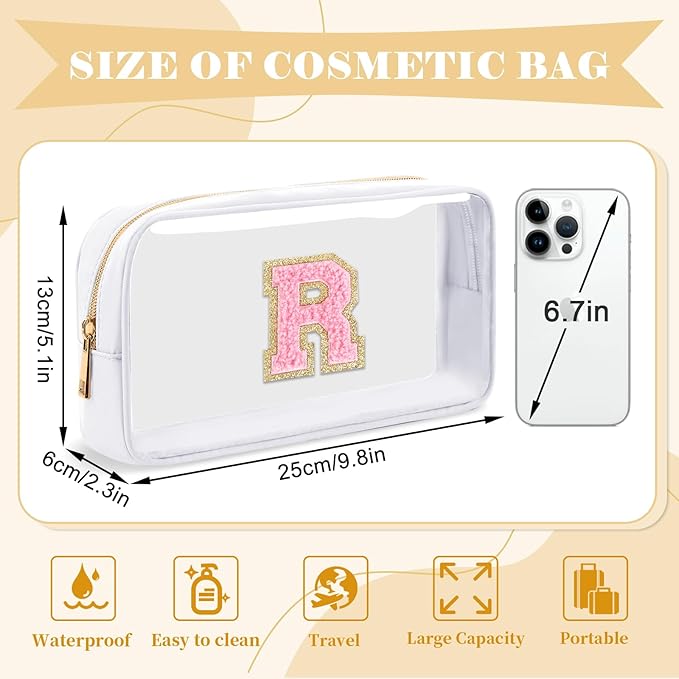 Personalized Initial Letter Clear Makeup Bag,Preppy Small Nylon&PVC Cosmetic Zipper Bag with Chenille Letter,Travel Skincare Toiletry Bag,Monogram Christmas Gift for Teen Girls Women,R