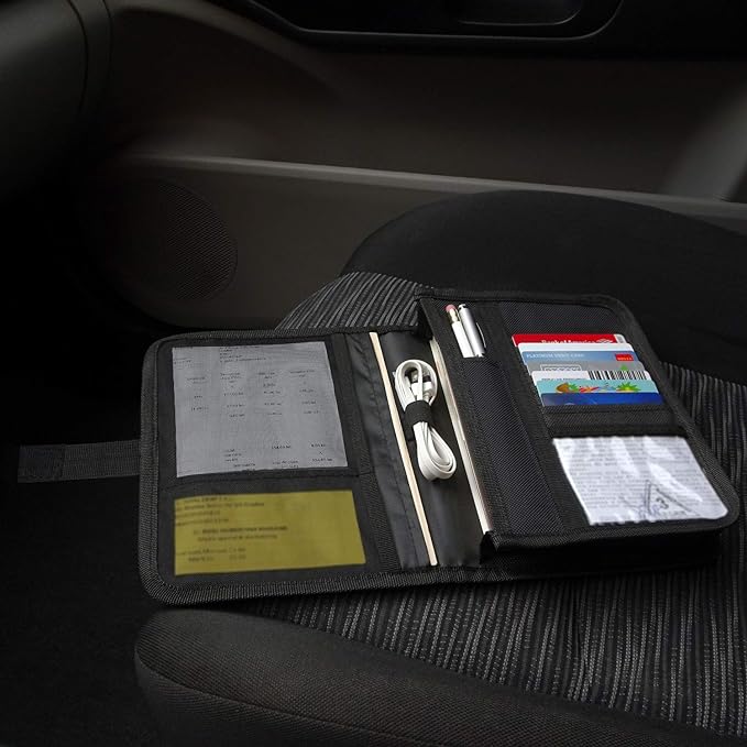 Glove Box Compartment Organizer - Car Document Holder - Owner Manual Case Pouch - Vehicle Storage Wallet for Registration & Insurance Card - Premium Auto Paperwork Holder - Log Book included - Black
