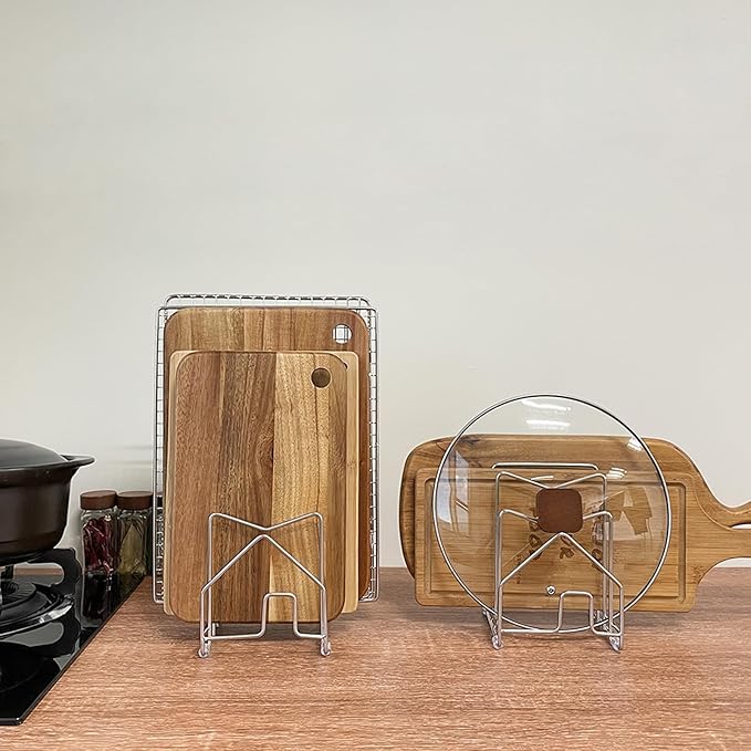 2 Pack Pot Lid Organizer Cutting Board Holder Inside Cabinet 304 Stainless Steel Pots and Pan Organizer Under Cabinet Pot Cover Cookie Sheet Bakeware Serving Tray Cooling Rack Stand Kitchen Countertop